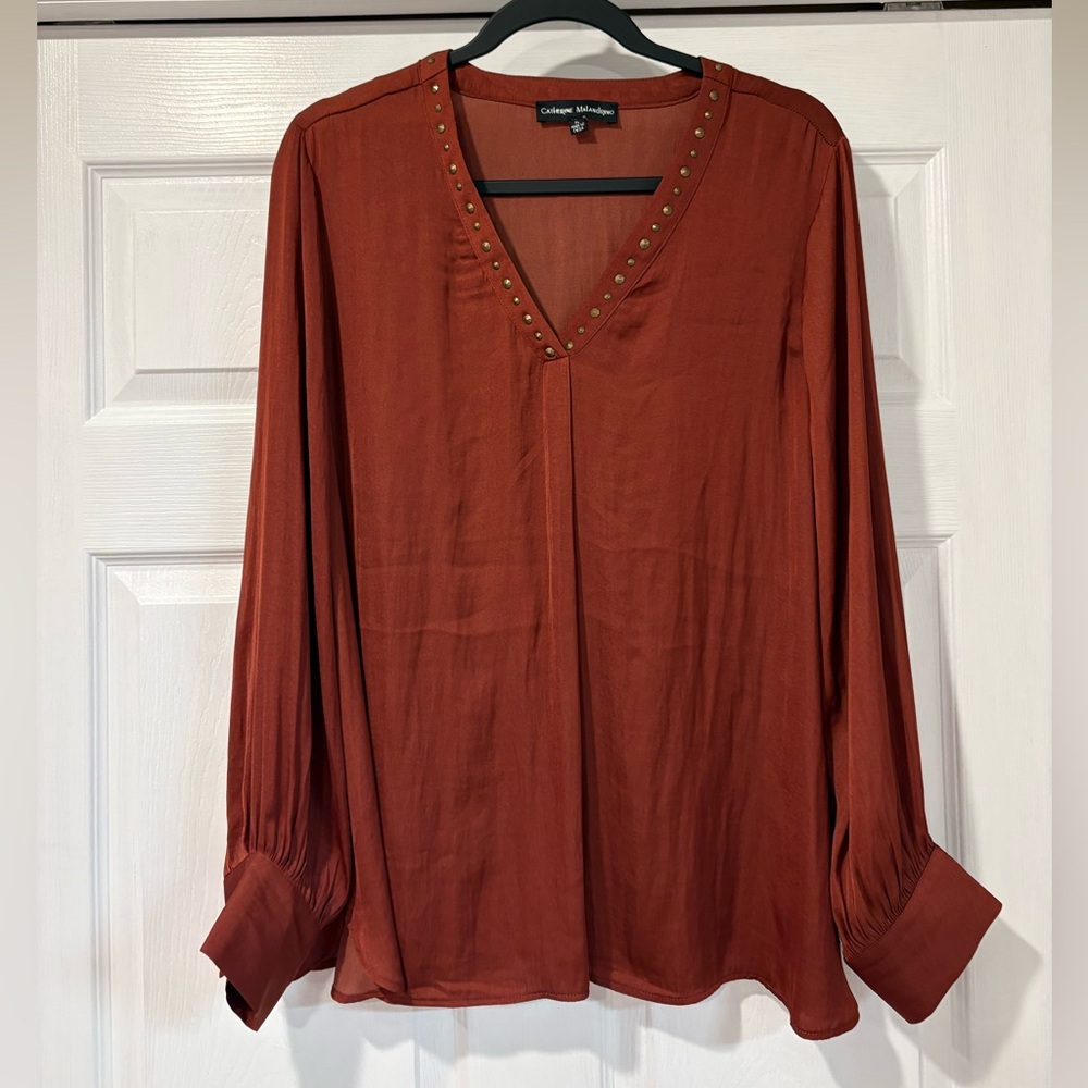 Catherine Malandrino Burnt Orange Studded V-Neck Blouse